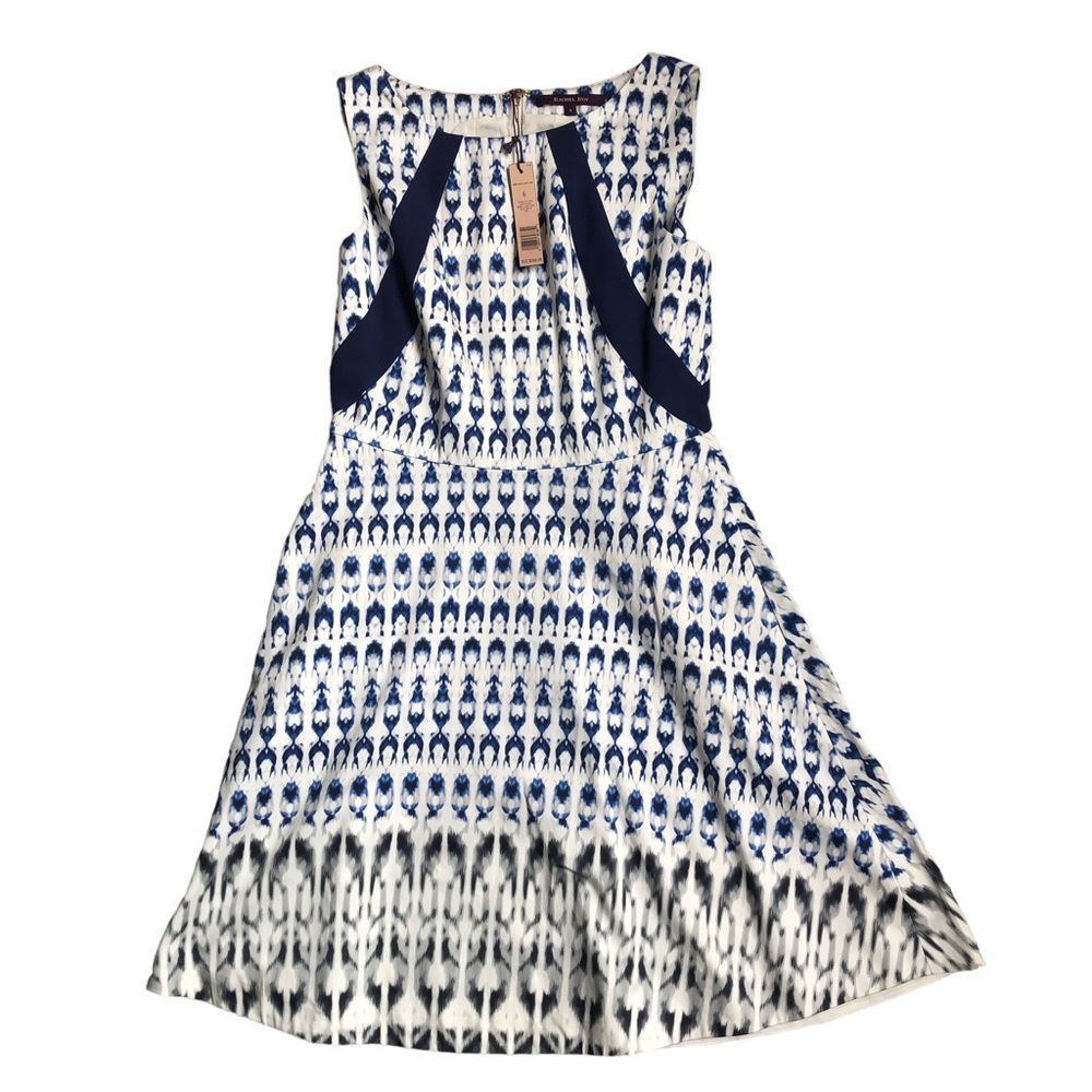 Rachel Roy Print Flare Dress Sleeveless Blue Ivory Grey NEW Size 6